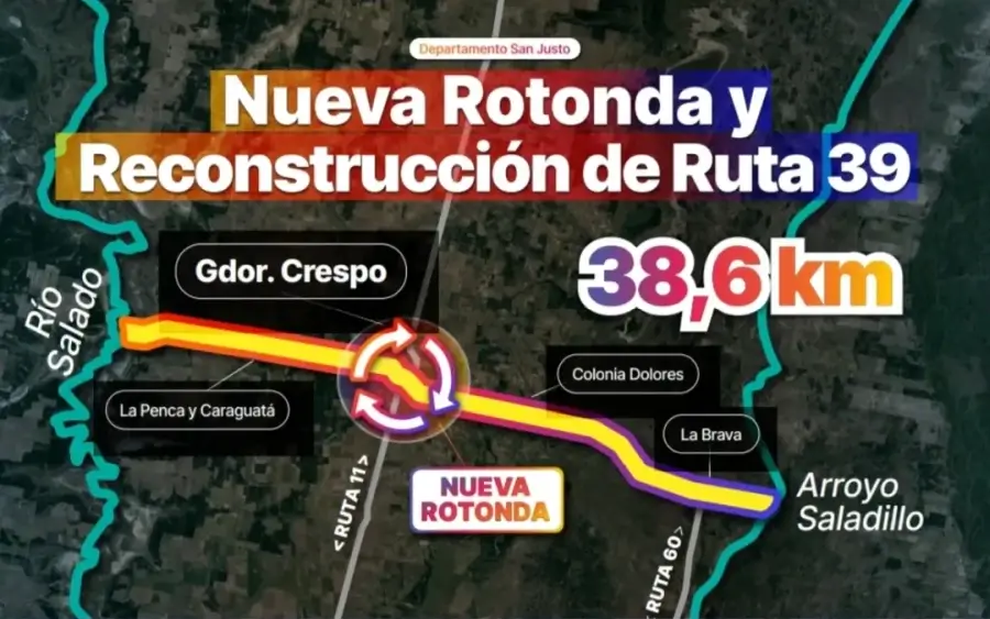 Plano del proyecto de repavimentación de la Ruta Provincial 39 y construcción de la rotonda en el acceso sur de Gobernador Crespo