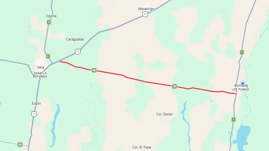 Traza actual de la ruta provincial Nº 36 entre Vera y Romang.