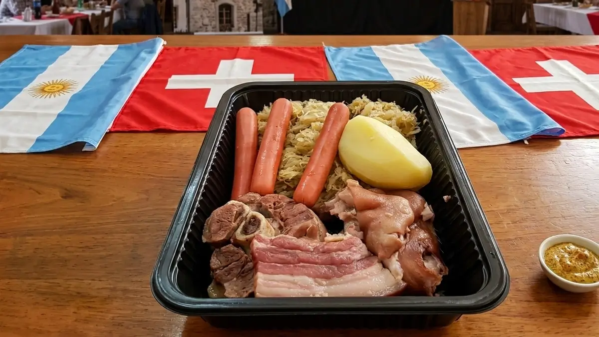 Plato de chucrut con las banderas de Argentina y Suiza durante la celebración de la comunidad suiza en Romang