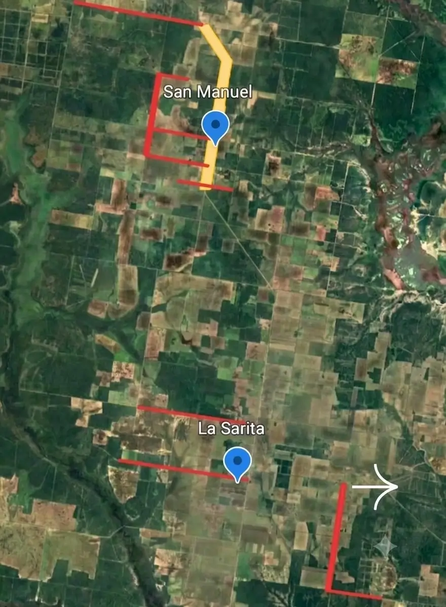 Mapa del distrito La Sarita con los caminos rurales señalizados donde la Comuna realizó trabajos de mantenimiento y mejorado de la red vial productiva.