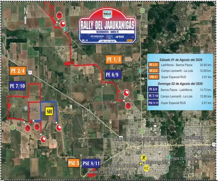 Mapa oficial de los recorridos de la quinta fecha del Rally Argentino en Reconquista.