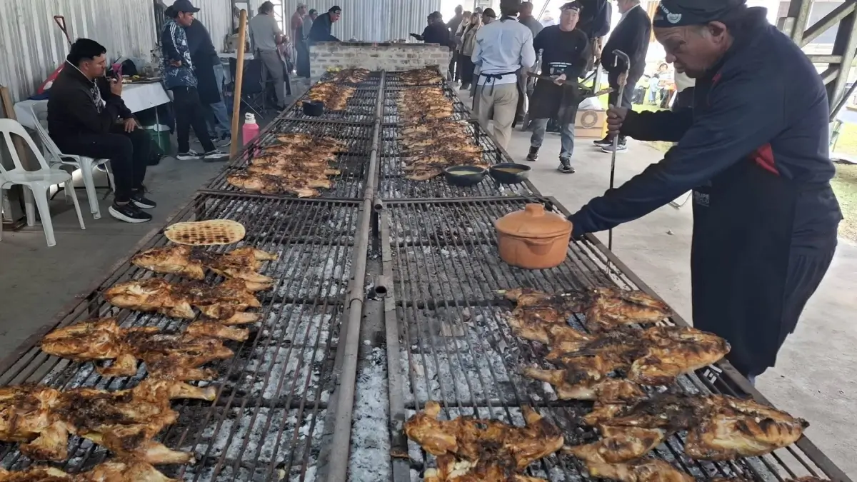 Parrilla con decenas de pollos cocinándose a las brasas durante el primer Concurso del Pollo a las Brasas realizado en Hersilia, Santa Fe.