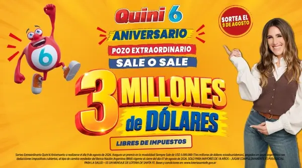 Flyer oficial del Sorteo Extraordinario por los 38 años del Quini 6 con un premio de USD 3 millones libres de impuestos