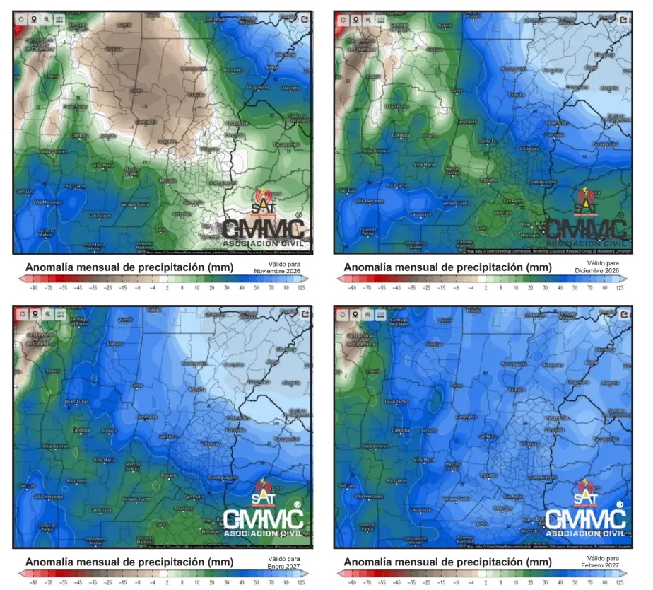 Anomalías de precipitaciones previstas para noviembre y diciembre 20206, así como para enero y febrero de 2027 en Santa Fe