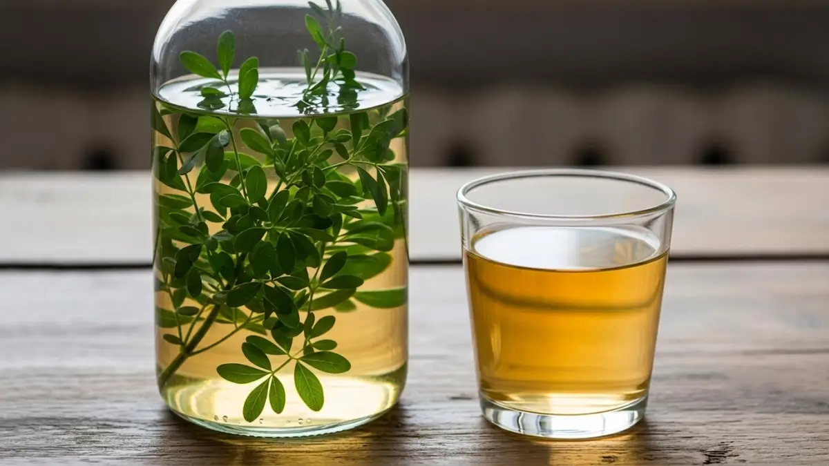 Botella con la preparación tradicional de caña con ruda utilizada cada 1 de agosto según la costumbre guaraní.