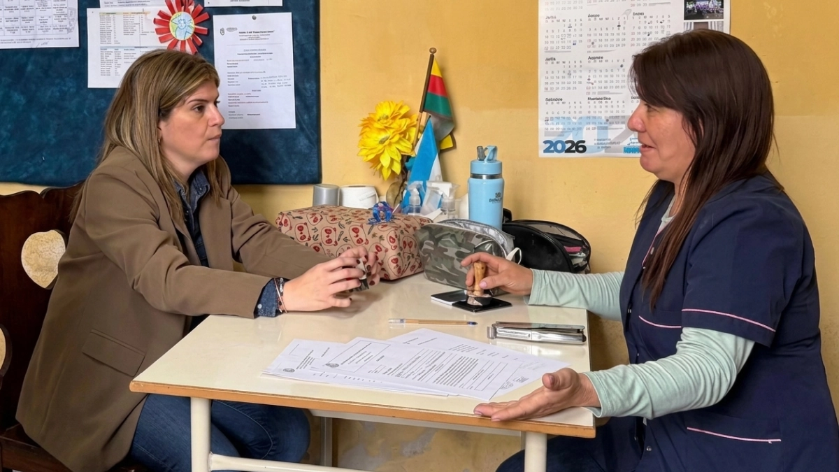 Charo Mancini junto a directivo de una escuela de Villa Guillermina