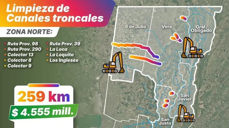 Mapa de los nueve canales troncales que serán intervenidos en el norte de Santa Fe