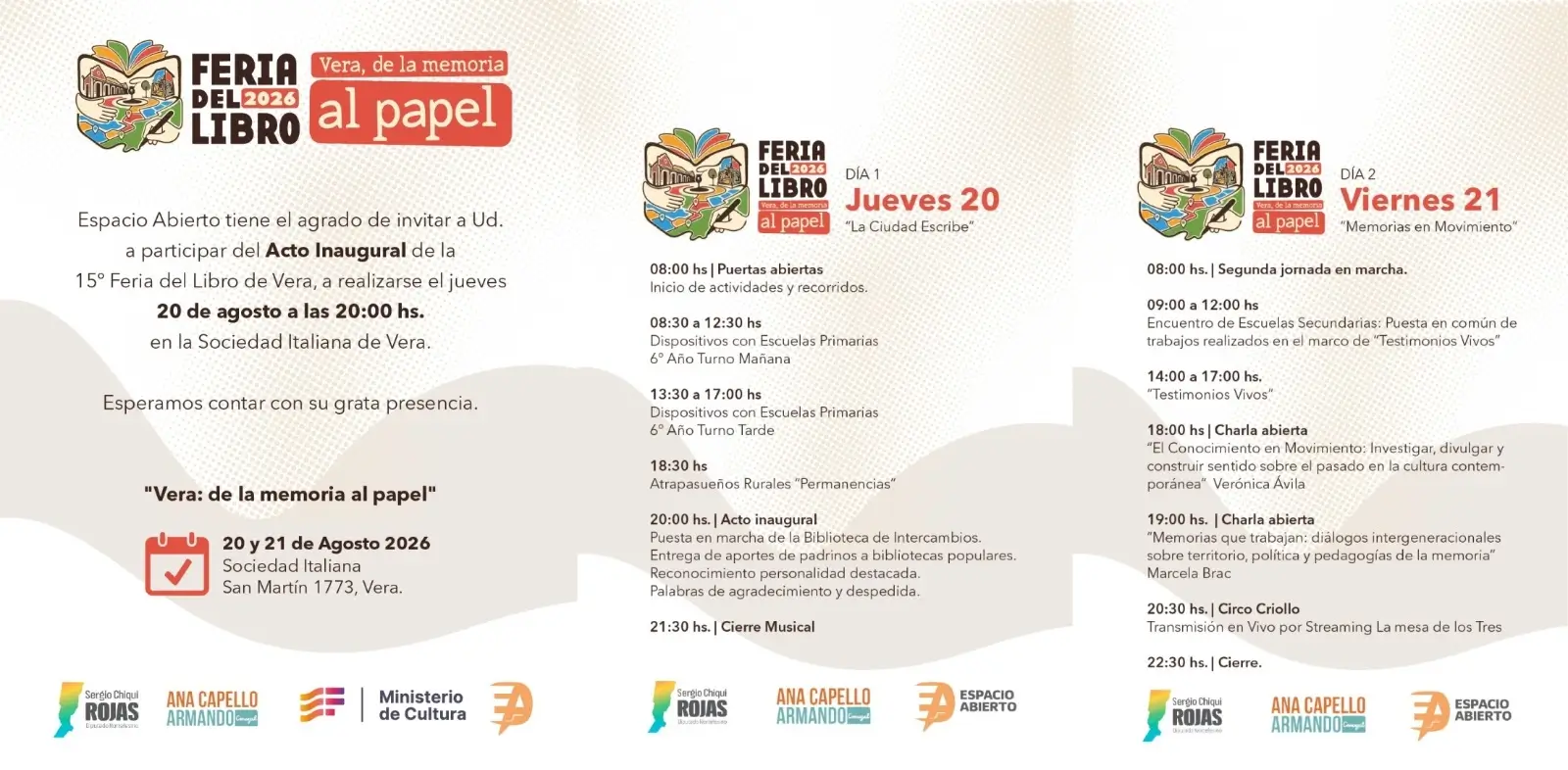 Programa de actividades de la 15° Feria del Libro de Vera 2026