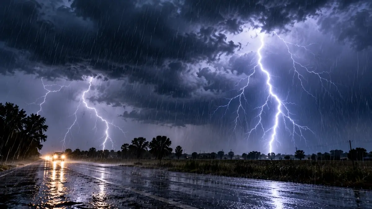 Tormenta con lluvia intensa y descargas eléctricas durante una alerta meteorológica