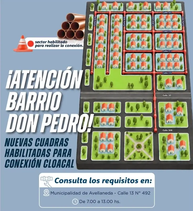 Plano de las nuevas cuadras habilitadas para conexión cloacal en barrio Don Pedro