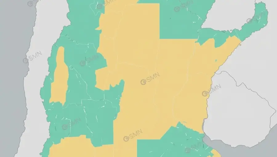 Mapa del centro y norte de Argentina con las regiones bajo alerta meteorológica, incluida toda la provincia de Santa Fe.