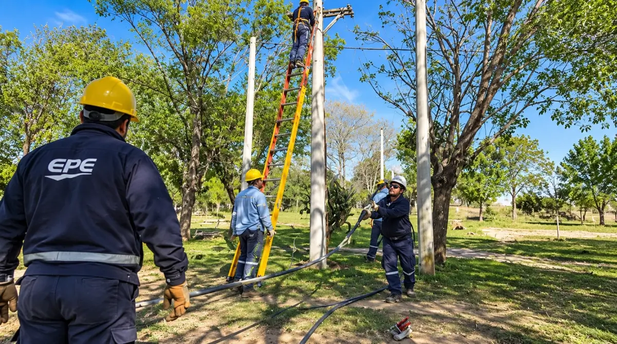 Empleados de la EPE trabajan en la renovación de la red eléctrica de Las Garzas, Santa Fe.