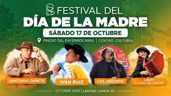 Flyer del Festival del Día de la Madre en Lanteri, Santa Fe, el sábado 17 de octubre de 2026.