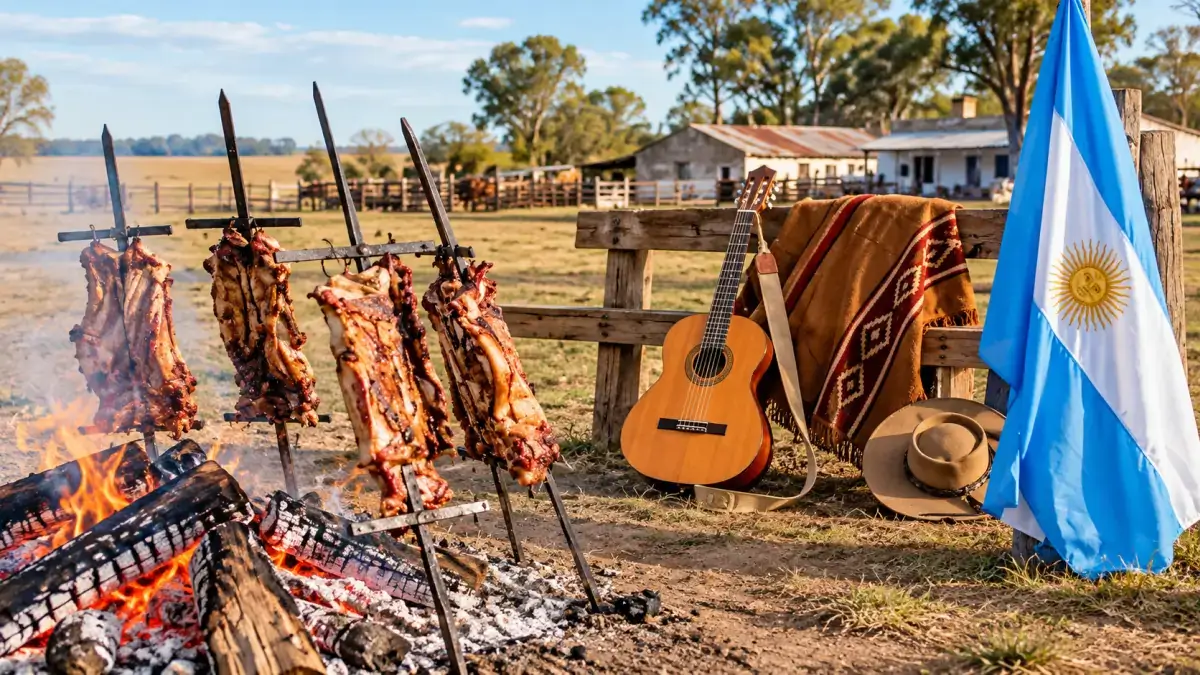 Asado a la estaca en un entorno rural argentino junto a una guitarra criolla, un poncho, un sombrero gaucho y la bandera argentina.