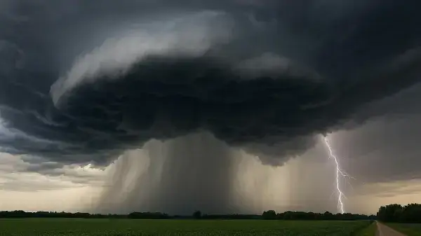 Frente de lluvia y tormenta sobre un campo de la región, en el contexto del pronóstico estacional para Santa Fe y el Litoral.