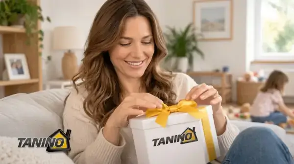 Madre abriendo un paquete de regalo con el logo de Tanino Hogar impreso, en el marco de las promociones por el Día de la Madre.
