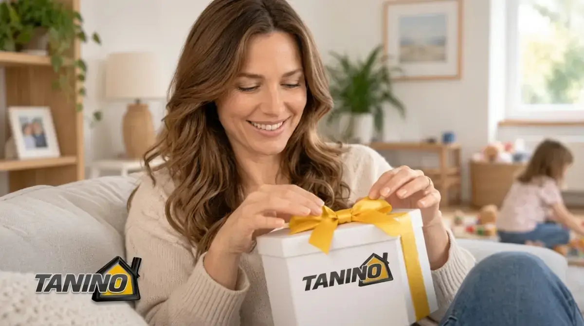 Madre abriendo un paquete de regalo con el logo de Tanino Hogar impreso, en el marco de las promociones por el Día de la Madre.