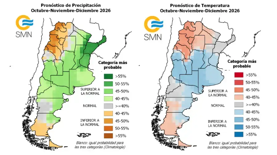 Mapa del SMN con las perspectivas estacionales de precipitaciones y temperaturas en Argentina para octubre, noviembre y diciembre de 2026.