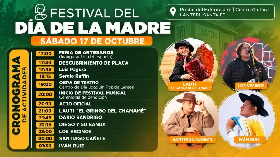 Artistas anunciados para el Festival Provincial de la Madre, la Vida y el Hogar en Lanteri.