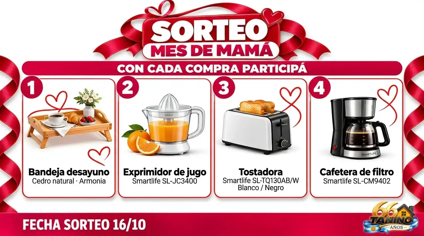 Flyer del sorteo de Dante Tanino Hogar por el Mes de la Madre, con cuatro premios: bandeja de desayuno, exprimidor de jugo, tostadora y cafetera de filtro. Sorteo previsto para el 16 de octubre.