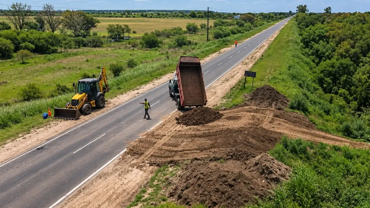 Maquinaria provincial realiza trabajos de refuerzo en las defensas costeras de la Ruta Provincial 1 ante una posible crecida del río San Javier.